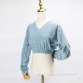 Long Sleeve V-Neck Stretch Towel Knit Top